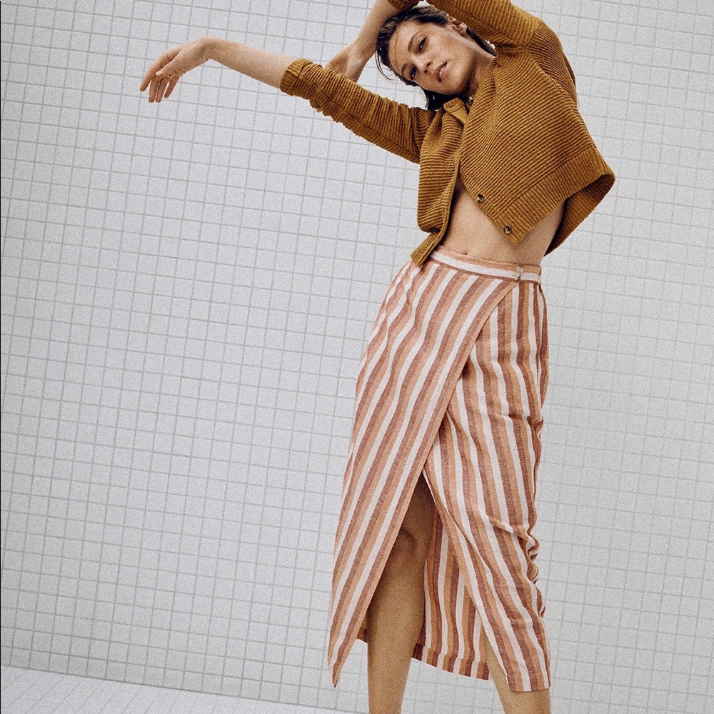 Madewell Vertical Stripe Wrap Midi Skirt in Pink and Tan